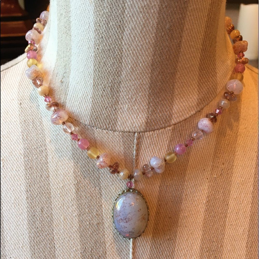 PINK STONE Necklace w Opalesque Pendant